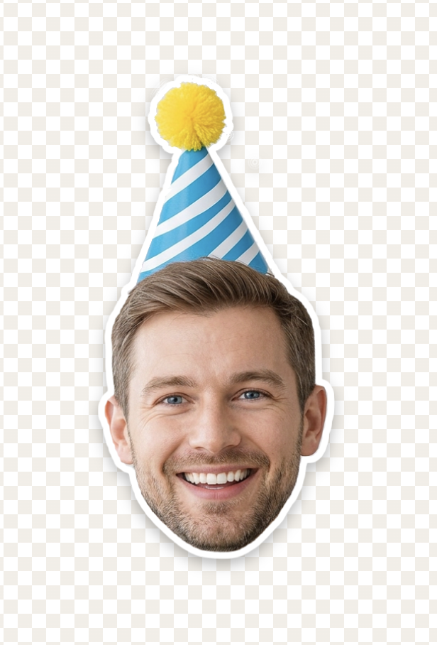Browser-rendered face cutout with the blue striped party hat restored in the mask