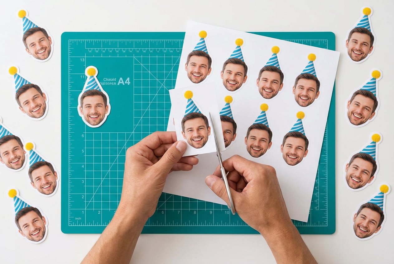 Hands trimming printed stickers of the same smiling man and blue striped party hat