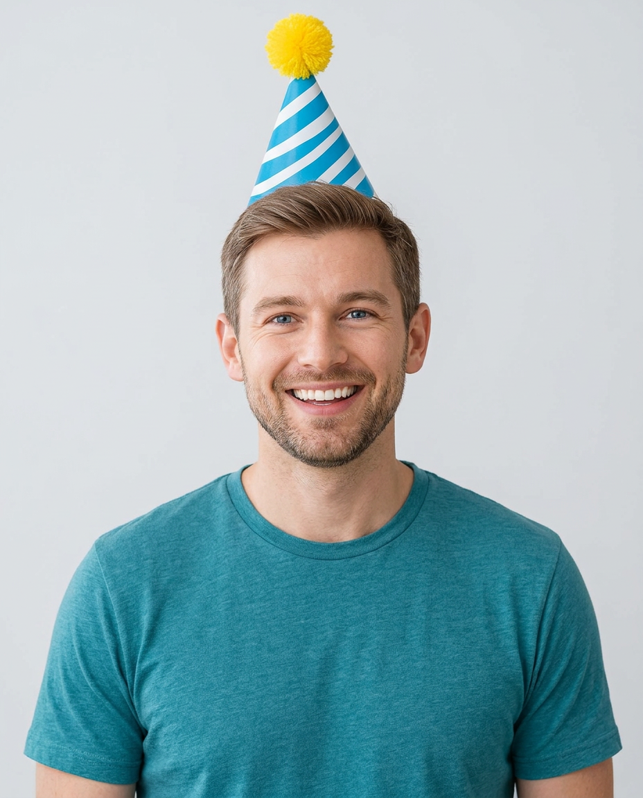The front-center cupcake character wearing a blue striped party hat in a source portrait
