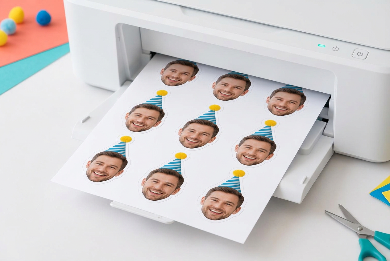 Matte sticker labels printing with repeated faces of the same man in a blue striped party hat