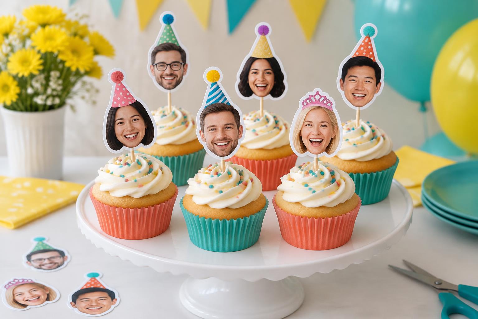 Finished birthday cupcakes with the blue-hat man on the front-center cupcake and other face toppers