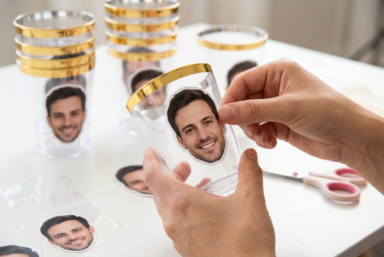 Hands pressing a groom face sticker onto a clear gold-rimmed plastic cup