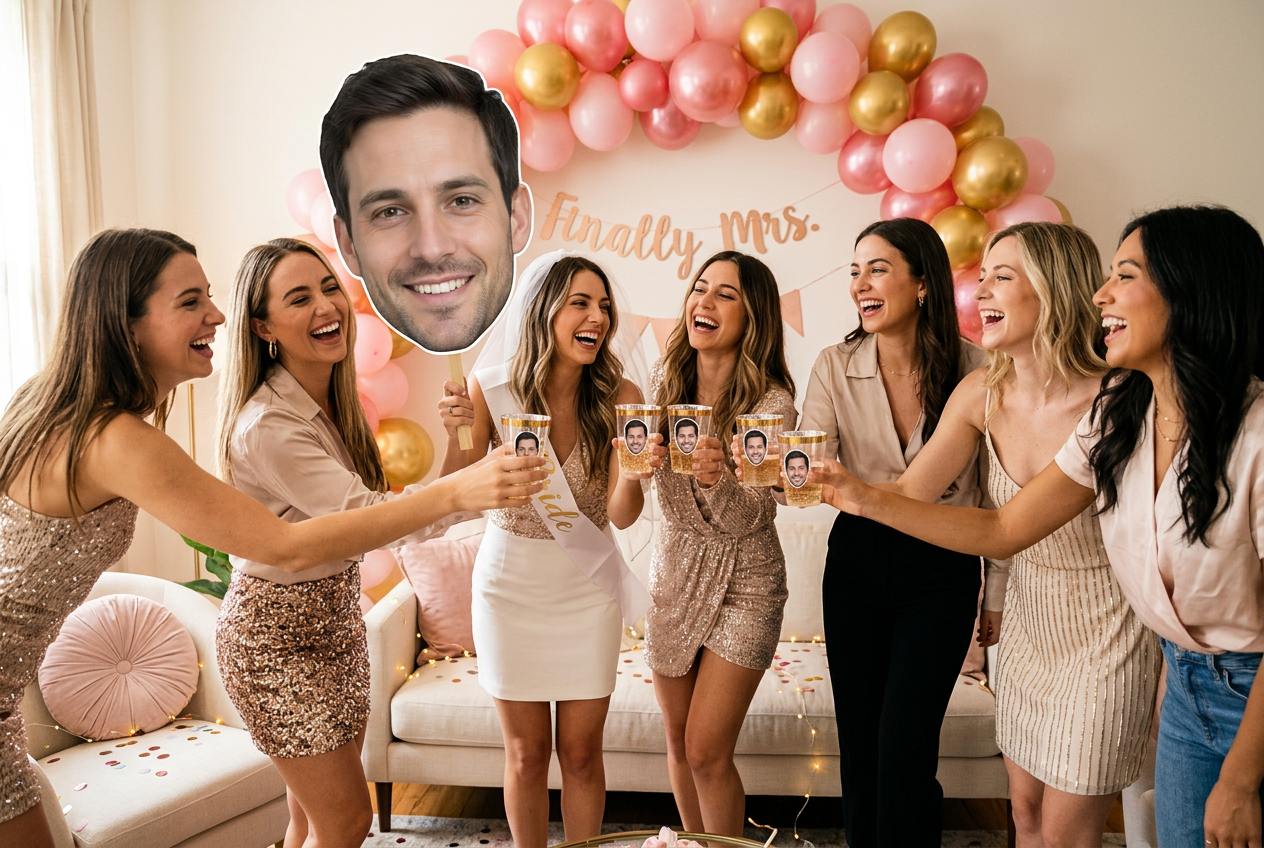 Bachelorette party guests toasting with groom face cups while one holds a big groom face cutout