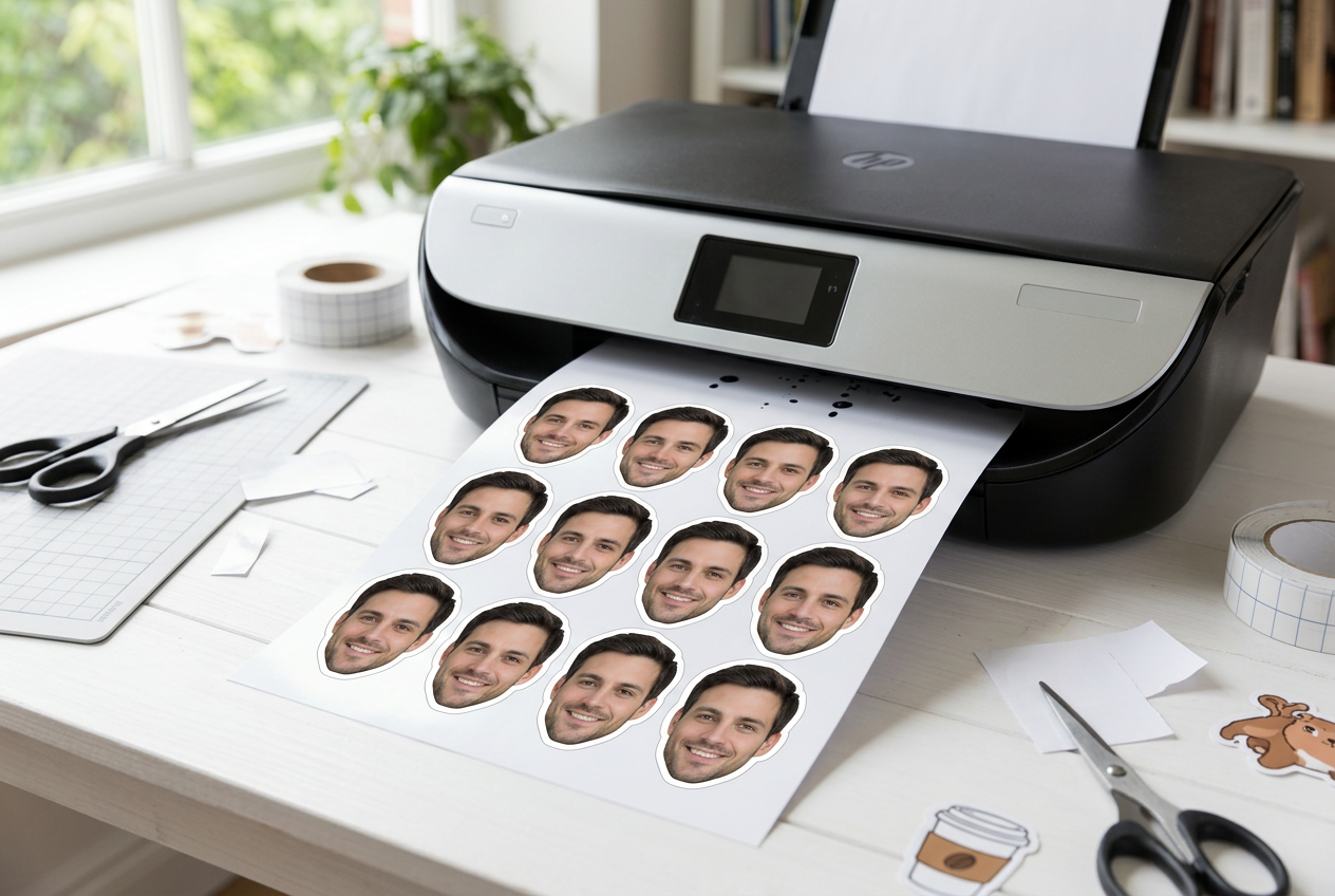 Inkjet printer printing a sticker sheet with twelve copies of the groom's face